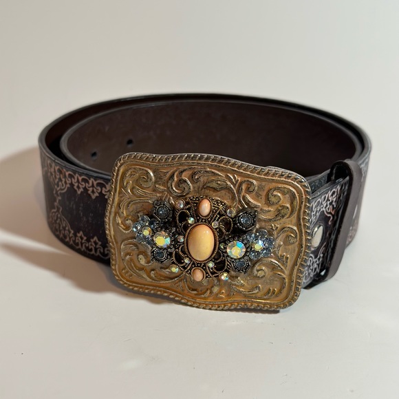 De Lis Couture Jewel Encrusted Tooled Leather Belt Women’s XS X-Small - Picture 1 of 5